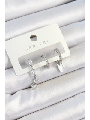 Mey Ithalat® Pirinç Zirkon Taşlı Sallantılı Model Gümüş Renk 3'lü Çift Kadın Küpe Set