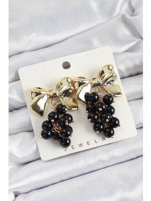 Mey Ithalat® Pirinç Sallantılı Siyah Boncuklu Fiyonk Vintage Model Gold Renk Kadın Küpe