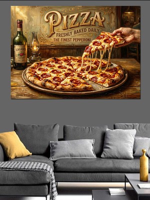 Artmeg Iştah Açıcı Pizza ve Dilim Dekoratif Kanvas - Mdf Ahşap Tablo