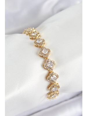 Mey Ithalat® Pirinç Zirkon Taşlı Yonca Baget Model Gold Renk Vıp Seri Kadın Bileklik