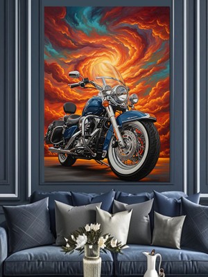 Artmeg Turuncu Gökyüzü ve Chopper Motosiklet Dekoratif Kanvas - Mdf Ahşap Tablo