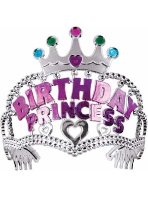 Mey Ithalat® Gümüş Renk Taç Üzeri Pembe Birthday Prenses Yazılı Çocuk Parti Tacı 11X12CM