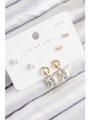 Mey Ithalat® Pirinç Zirkon Taşlı Sallantılı Kare Model Gold Renk 925 Ayar Gümüş Çivi Kadın Küpe Set
