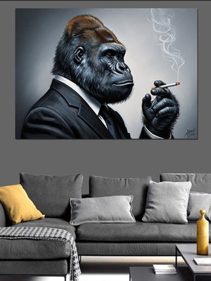 Tablomega Takım Elbiseli Sigara Içen Goril Dekoratif Kanvas - Mdf Ahşap Tablo