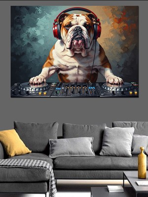 Artmeg Kulaklıklı Müzik Dinleyen Bulldog Köpek Dekoratif Kanvas - Mdf Ahşap Tablo