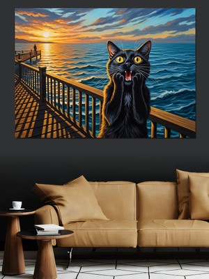 Artmeg Iskelede Gün Batımını Izleyen Kedi Dekoratif Kanvas - Mdf Ahşap Tablo
