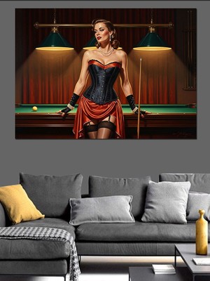 Tablomega Bilardo Masasında Duran Zarif Kadın Dekoratif Kanvas - Mdf Ahşap Tablo