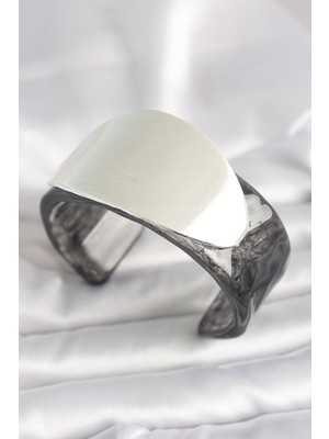 Mey Ithalat® Siyah Mermer Desen Akrilik Plastik Gümüş Oval Plaka Model Vintage Kadın Bilezik