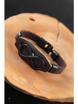 Mey Ithalat® Siyah Sonsuzluklu Metal Aksesuarlı Kahverengi Deri Erkek Bileklik
