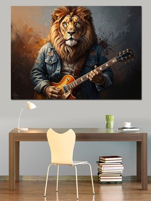 Artmeg Ceket Giymiş Gitar Çalan Aslan Dekoratif Kanvas - Mdf Ahşap Tablo