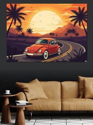 Artmeg Gün Batımında Sahilde Klasik Araba Dekoratif Kanvas - Mdf Ahşap Tablo