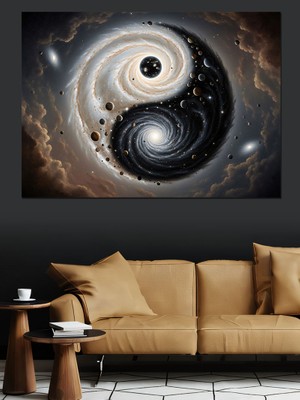 Tablomega Siyah Beyaz Yin Yang Uzay Dekoratif Kanvas - Mdf Ahşap Tablo