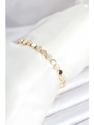 Mey Ithalat® Pirinç Gold Renk Nokta Model Zirkon Taşlı Kadın Bileklik