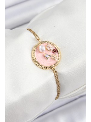 Mey Ithalat® 316L Çelik Zincir Pembe Mineli Sanatsal Portre Inci Detaylı Çiçek Model Gold Renk Kadın Bileklik