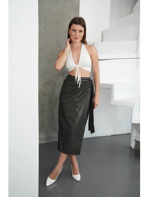 Colezium Kuşaklı Uzun Deri Etek Haki H26414