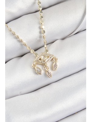 Mey Ithalat® Pirinç Zirkon Taşlı Sallantılı Göz Model Ezme Zincir Gold Renk Kadın Kolye