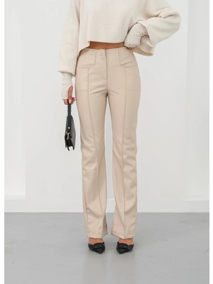 Colezium Ispanyol Yırtmaçlı Paça Deri Pantolon Bej Hn