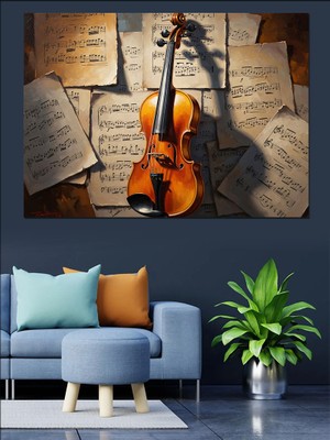 Tablomega Nota Kağıtları Üstünde Klasik Keman Dekoratif Kanvas - Mdf Ahşap Tablo