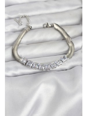 Mey Ithalat® 316L Çelik Gümüş Renk Kare Zirkon Taşlı Yılan Zincirli Kadın Bileklik