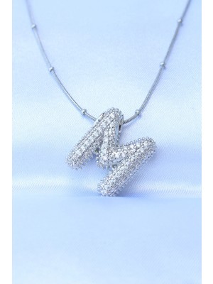 Mey Ithalat® 316L Çelik Zincirli Zirkon Taşlı M Harfli Gümüş Renk Bubble Kolye