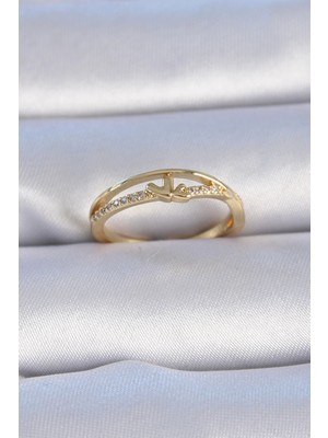 Mey Ithalat® Pirinç Gold Renk Zirkon Taşlı Kalp Model Kadın Yüzük