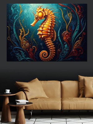 Tablomega Mavi Zemin Üzerine Altın Denizatı Dekoratif Kanvas - Mdf Ahşap Tablo