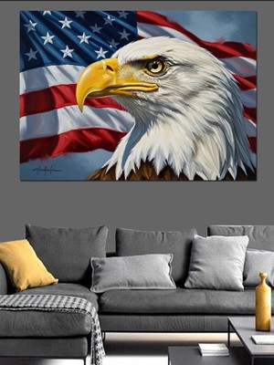 Tablomega Amerikan Bayrağı ve Kartal Başlı Dekoratif Kanvas - Mdf Ahşap Tablo