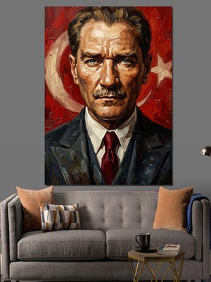 Artmeg Ay Yıldız Önünde Atatürk Portresi Dekoratif Kanvas - Mdf Ahşap Tablo