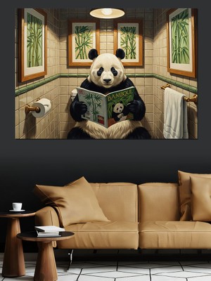 Artmeg Banyoda Gazete Okuyan Panda Tablosu Dekoratif Kanvas - Mdf Ahşap Tablo