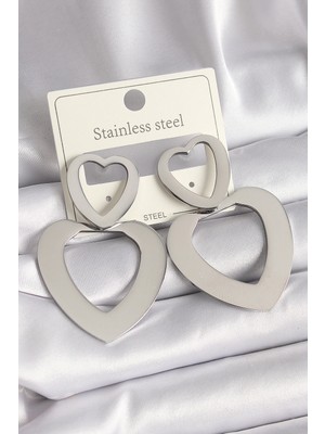 Mey Ithalat® 316L Çelik Gümüş Renk Kalp Model Kadın Küpe