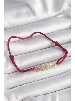 Mey Ithalat® Kırmızı Ipli Asansörlü Zirkon Taşlı Gold Messika Model Kadın Bileklik