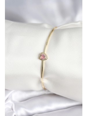Mey Ithalat® Pembe Zirkon Taşlı Kalp Model Gold Renk Kadın Bileklik