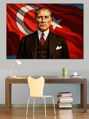 Artmeg Türk Bayrağı Önünde Atatürk Portresi Dekoratif Kanvas - Mdf Ahşap Tablo