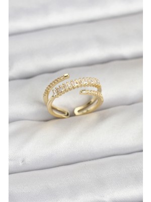 Mey Ithalat® Pirinç Gold Renk Sıralı Baget Zirkon Taşlı Kadın Yüzük