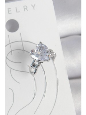 Mey Ithalat® Pirinç Gümüş Renk Zirkon Taşlı Kalp Model Kadın Kıkırdak Küpe