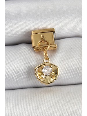 Mey Ithalat® 316L Çelik Sallantılı Zirkon Taşlı Istiridye Model Gold Renk Nomination Charm