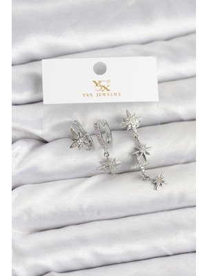 Mey Ithalat® Pirinç Gümüş Renk Zirkon Taşlı Kutup Yıldızı Model Ysx Trio Küpe Seti