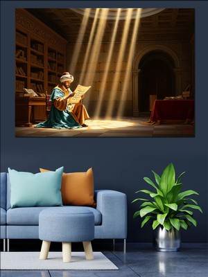 Artmeg Işık Süzülen Tarihi Osmanlı Kütüphanesi Dekoratif Kanvas - Mdf Ahşap Tablo