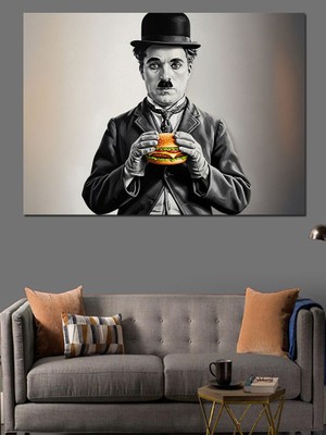 Tablomega Hamburger Yiyen Charlie Chaplin Portresi Dekoratif Kanvas - Mdf Ahşap Tablo