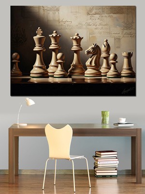Tablomega Eski Masa Üzerinde Satranç Taşları Dekoratif Kanvas - Mdf Ahşap Tablo