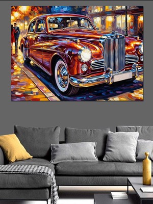 Tablomega Gece Işıklı Nostaljik Kırmızı Araba Dekoratif Kanvas - Mdf Ahşap Tablo
