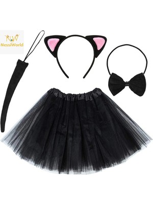 Mey Ithalat® Kedi Kulak Taç Etek Kuyruk ve Papyon 4 Lü Set Çocuk Pembe