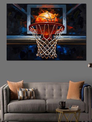 Artmeg Basketbol Potası ve Yanan Top Dekoratif Kanvas - Mdf Ahşap Tablo