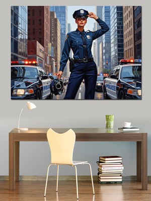 Tablomega Şehir Caddesinde Kadın Polis Memuru Dekoratif Kanvas - Mdf Ahşap Tablo