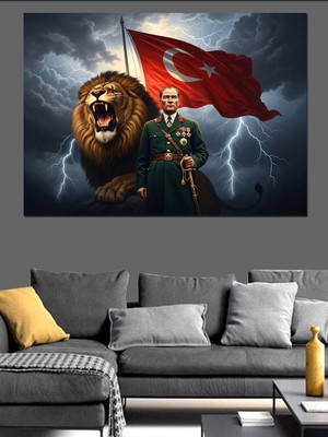 Tablomega Aslan ve Türk Bayrağı Portresi Dekoratif Kanvas - Mdf Ahşap Tablo