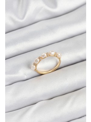 Mey Ithalat® Pirinç Gold Renk Sıralı Incili Kadın Yüzük