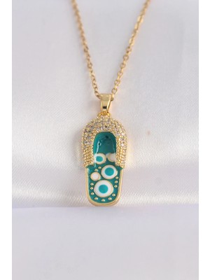 Mey Ithalat® 316L Çelik Zincir Zirkon Taşlı Altın Renk Nazarlı Terlik Tasarımlı Kolye