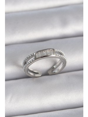 Mey Ithalat® Pirinç Gümüş Renk Ayarlanabilir Sıralı Incili Zirkon Taşlı Kadın Yüzük