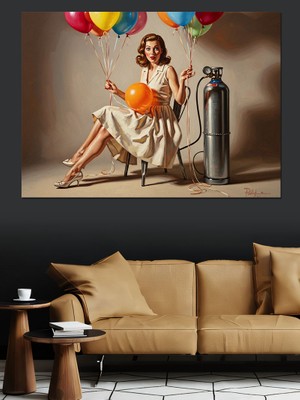 Tablomega Balonlarla Uçan Vintage Pin-Up Kadın Dekoratif Kanvas - Mdf Ahşap Tablo