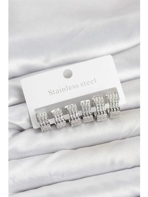 Mey Ithalat® 316L Çelik Zirkon Taşlı Gümüş Renk Halka Küpe Seti